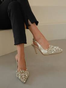 人造珍珠裝飾露跟高跟鞋 - 金色 - 查看 5