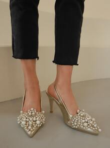 人造珍珠裝飾露跟高跟鞋 - 金色 - 查看 6