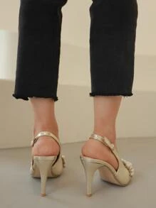 人造珍珠裝飾露跟高跟鞋 - 金色 - 查看 7
