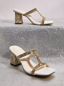 Glitter Chunky Heeled Mule Sandals - Gold - View 1