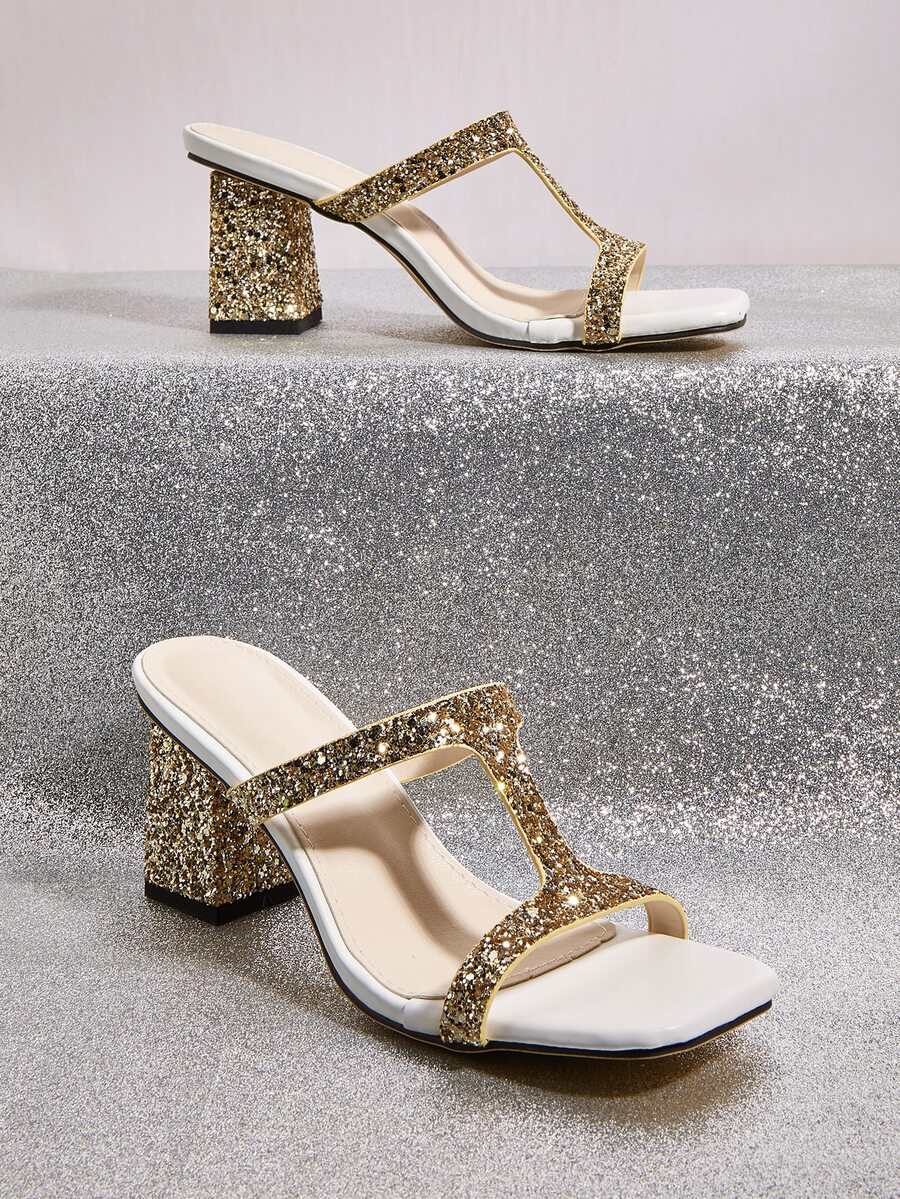 Glitter Chunky Heeled Mule Sandals - Gold - View 1