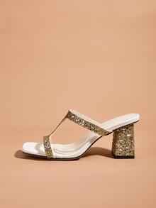Glitter Chunky Heeled Mule Sandals - Gold - View 2