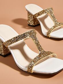 Glitter Chunky Heeled Mule Sandals - Gold - View 4