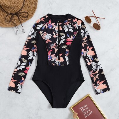 Plant Print Zipper Front One Piece Swimsuit