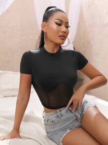 Áo thun nữ Tương phản Mesh màu trơn Gợi cảm - màu đen - Xem 1