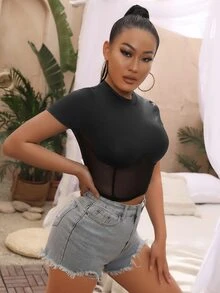 Áo thun nữ Tương phản Mesh màu trơn Gợi cảm - màu đen - Xem 4