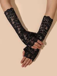 Fingerless Lace Gloves - Black - View 1