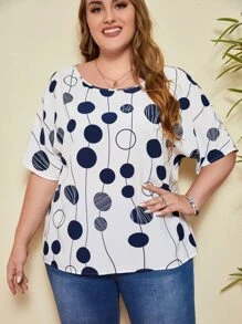 EMERY ROSE Plus Dot Print Batwing Sleeve Top - Blue and White - View 1