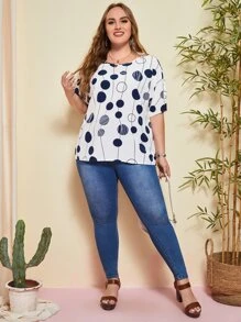 EMERY ROSE Plus Dot Print Batwing Sleeve Top - Blue and White - View 4