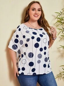 EMERY ROSE Plus Dot Print Batwing Sleeve Top - Blue and White - View 5