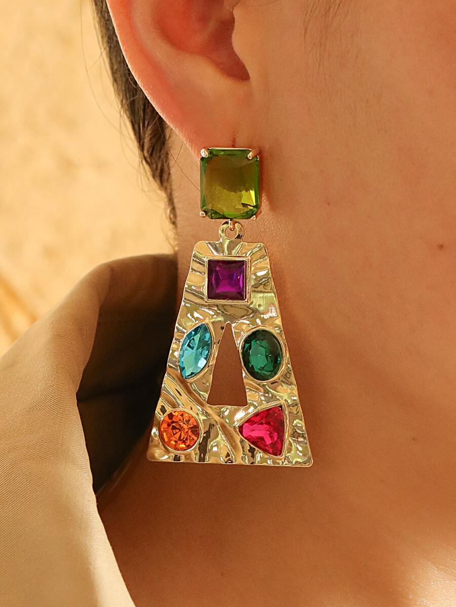 Rhinestone Decor Geometric Drop Earrings - Nhiều màu - Xem 1