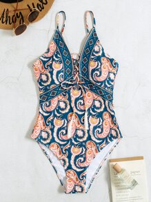 Paisley Lace-Up One Piece Swimsuit Summer - Multicolor - View 7