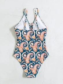 Paisley Lace-Up One Piece Swimsuit Summer - Multicolor - View 8