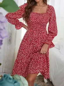 SHEIN VCAY 植物印花打褶荷葉袖荷葉邊連衣裙 - 紅色 - 查看 1
