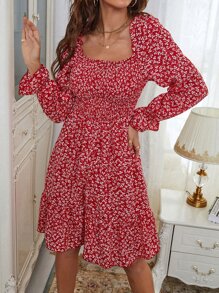 SHEIN VCAY 植物印花打褶荷葉袖荷葉邊連衣裙 - 紅色 - 查看 4