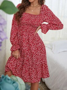 SHEIN VCAY 植物印花打褶荷葉袖荷葉邊連衣裙 - 紅色 - 查看 5