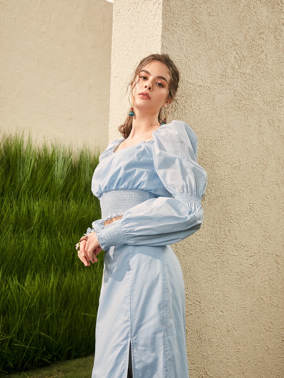 Square Neck Shirred Gigot Sleeve Frill Trim Crop Top & Split Thigh Skirt