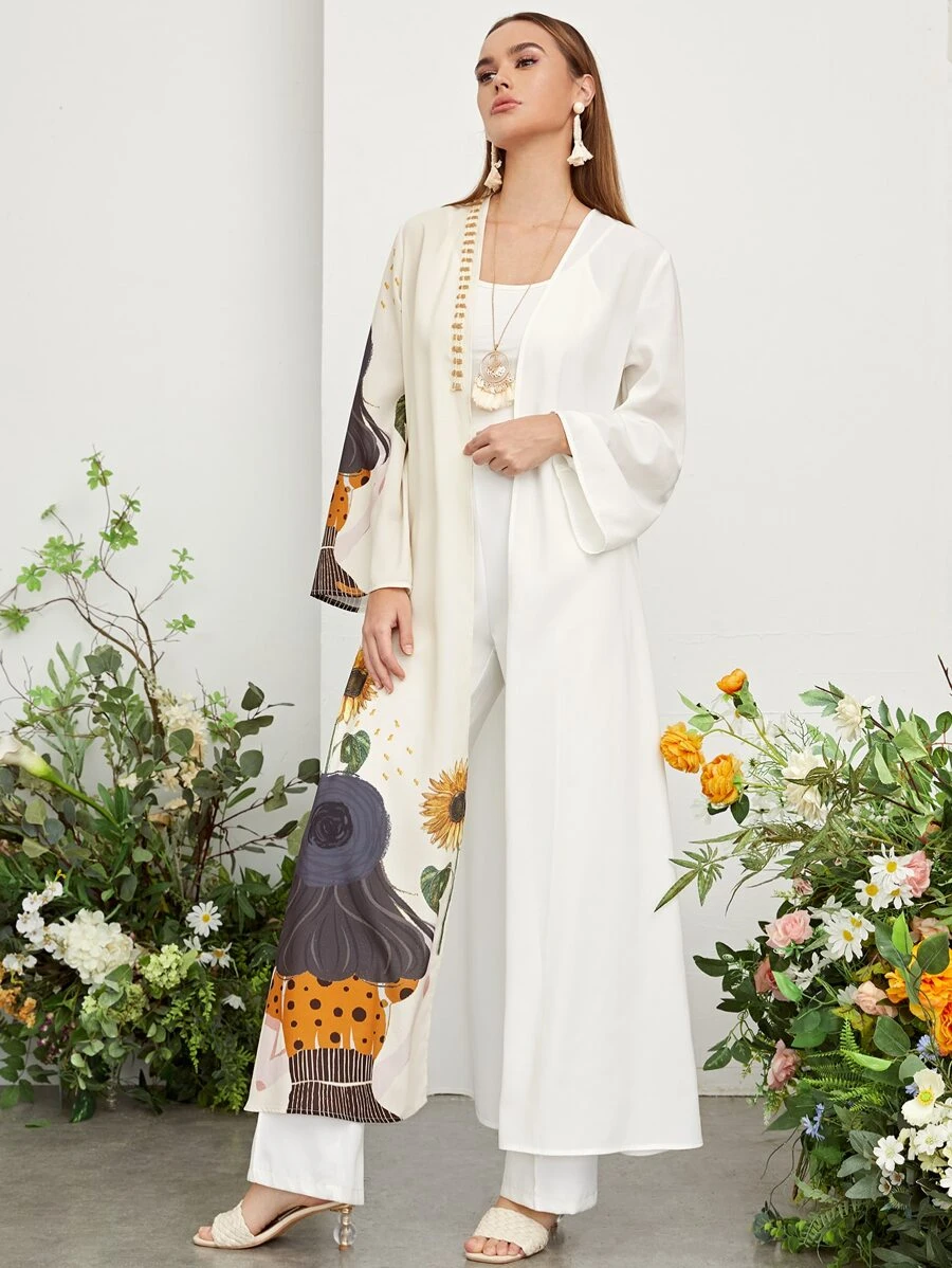 Al Najma Figure Graphic Flounce Sleeve Abaya, Modest Robe - White - View 1