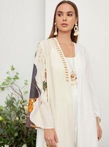 Al Najma Figure Graphic Flounce Sleeve Abaya, Modest Robe - White - View 3