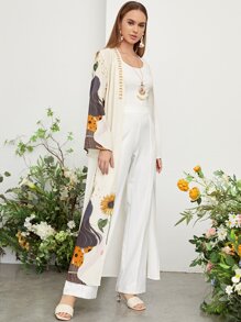 Al Najma Figure Graphic Flounce Sleeve Abaya, Modest Robe - White - View 4