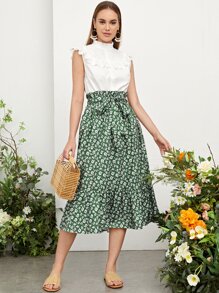 Mulvari Frill Mock Neck Ruffle Detail Blouse & Ditsy Floral Belted Skirt Set - Multicolor - View 1
