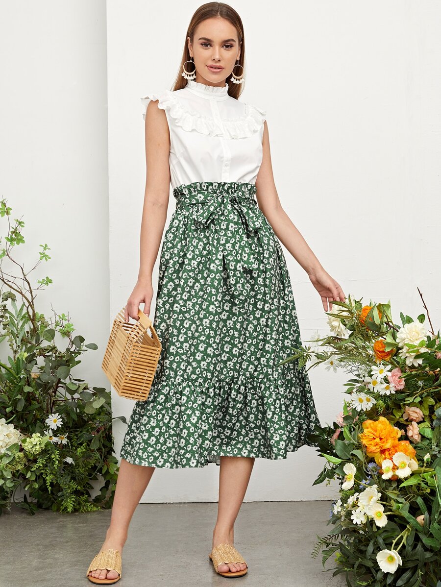 Mulvari Frill Mock Neck Ruffle Detail Blouse & Ditsy Floral Belted Skirt Set - Multicolor - View 1
