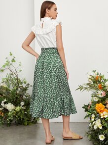 Mulvari Frill Mock Neck Ruffle Detail Blouse & Ditsy Floral Belted Skirt Set - Multicolor - View 2