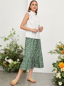 Mulvari Frill Mock Neck Ruffle Detail Blouse & Ditsy Floral Belted Skirt Set - Multicolor - View 3