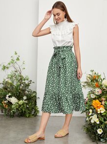 Mulvari Frill Mock Neck Ruffle Detail Blouse & Ditsy Floral Belted Skirt Set - Multicolor - View 4