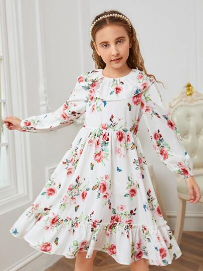 SHEIN Girls Ditsy Floral Print Ruffle Hem A-line Dress