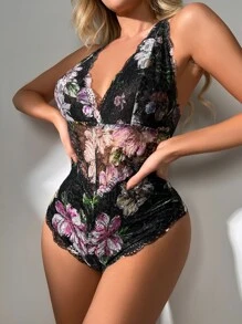 花卉蕾絲性感緊身連體衣 - 彩色 - 查看 1