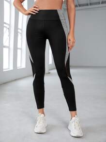 Yoga Futuristic Quần Leggings Thể thao Nữ Tương phản Mesh Khối Màu - màu đen - Xem 2