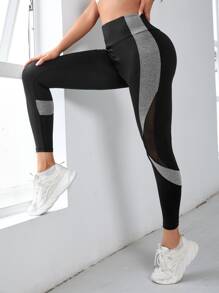 Yoga Futuristic Quần Leggings Thể thao Nữ Tương phản Mesh Khối Màu - màu đen - Xem 5