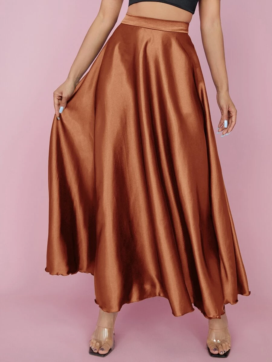 SHEIN PETITE High Waist Solid Flared Skirt - Brown - View 1