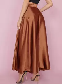 SHEIN PETITE High Waist Solid Flared Skirt - Brown - View 2