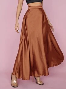 SHEIN PETITE High Waist Solid Flared Skirt - Brown - View 3