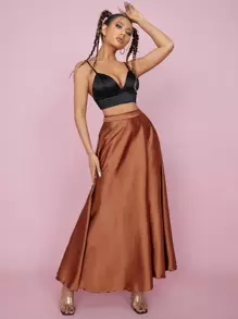 SHEIN PETITE High Waist Solid Flared Skirt - Brown - View 4