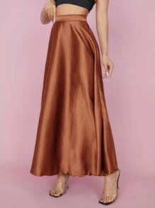 SHEIN PETITE High Waist Solid Flared Skirt - Brown - View 5