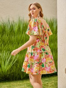 SHEIN Unity Plus Patchwork Flounce Sleeve Layered Hem Dress - Multicolor - View 3