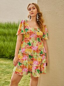 SHEIN Unity Plus Patchwork Flounce Sleeve Layered Hem Dress - Multicolor - View 4