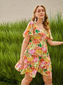 SHEIN Unity Plus Patchwork Flounce Sleeve Layered Hem Dress - Multicolor - View 1