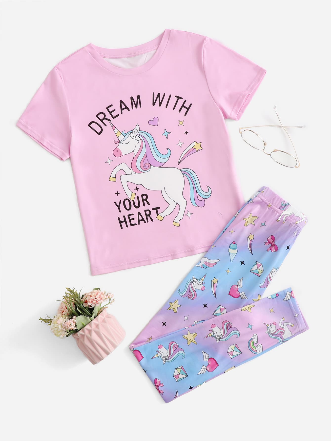 SHEIN Tween Girl Cartoon & Slogan Graphic PJ Set