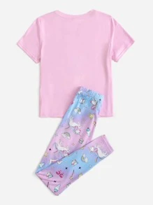 SHEIN Tween Girl Cartoon & Slogan Graphic PJ Set