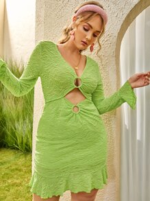 SHEIN Unity Vestido con abertura con aro delantero de manga con volante bajo con fruncido - Verde Lima - Ver 4