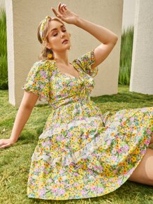 SHEIN VCAY Plus Tied Backless Lace Trim Floral Print Dress - Multicolor - View 2