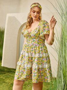 SHEIN VCAY Plus Tied Backless Lace Trim Floral Print Dress - Multicolor - View 3