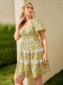 SHEIN VCAY Plus Tied Backless Lace Trim Floral Print Dress - Multicolor - View 7