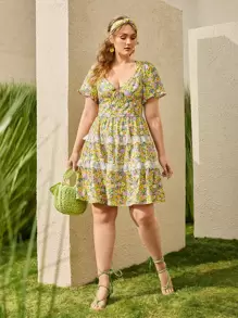 SHEIN VCAY Plus Tied Backless Lace Trim Floral Print Dress - Multicolor - View 1