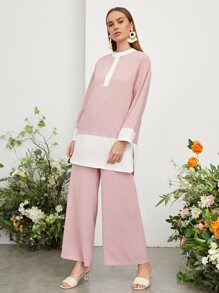 Seusyu Bộ đồ hai mảnh nữ Cao thấp Chia Khối Màu Giải trí - Màu Hồng baby - Xem 1