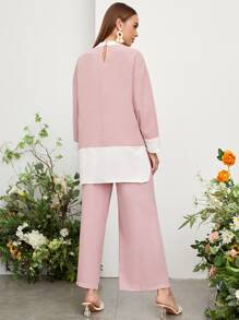 Seusyu Bộ đồ hai mảnh nữ Cao thấp Chia Khối Màu Giải trí - Màu Hồng baby - Xem 2